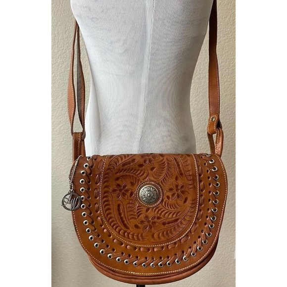 American West Handbags - American West Crossbody Saddle Bag Brown Leather Tooled Boho Handbag Purse